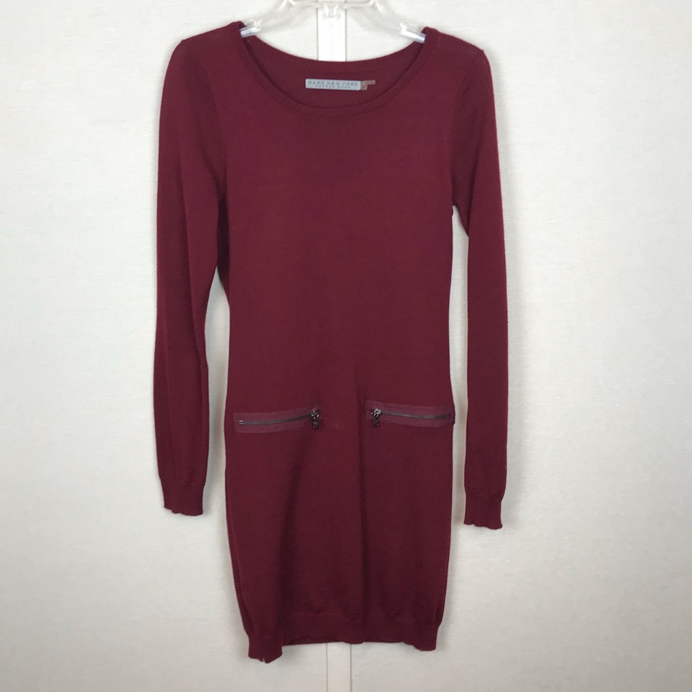 MARC NEW YORK Burgundy Wool Blend Sweater Dress with Zipper Details - Preowned S